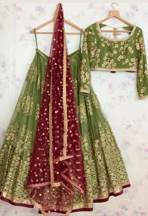 Green Heavy Embroidery Sequence Work Lehenga Choli With Dupatta For Women In USA