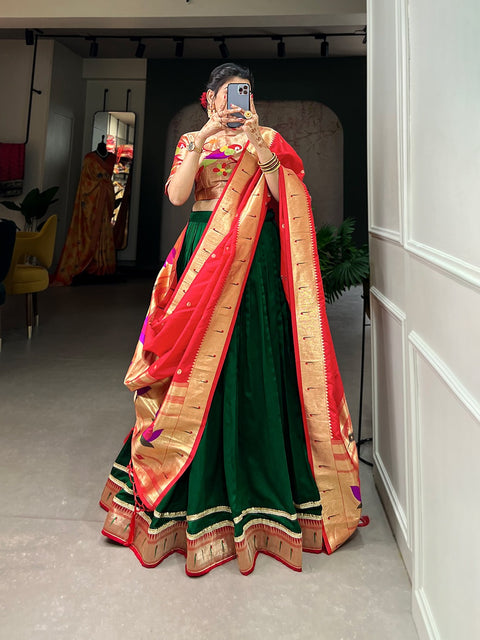 Green Wearing a Paithani lehenga choli in your wedding celebration of artistry, a tribute to the cultural opulence woven into each thread for women