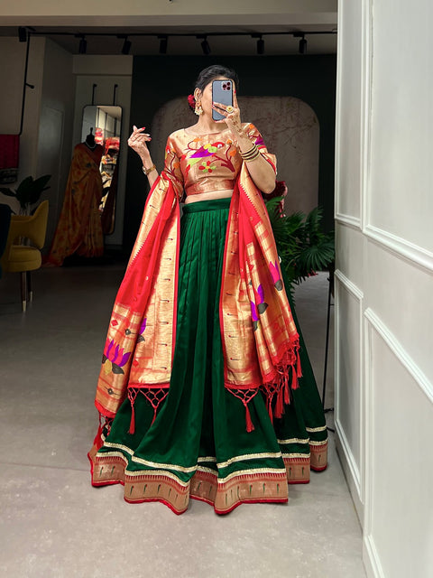 Green Wearing a Paithani lehenga choli in your wedding celebration of artistry, a tribute to the cultural opulence woven into each thread for women