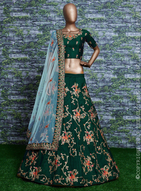 Adorn a simple yet elegant charm with this ensemble in an this dark green lehenga choli for women