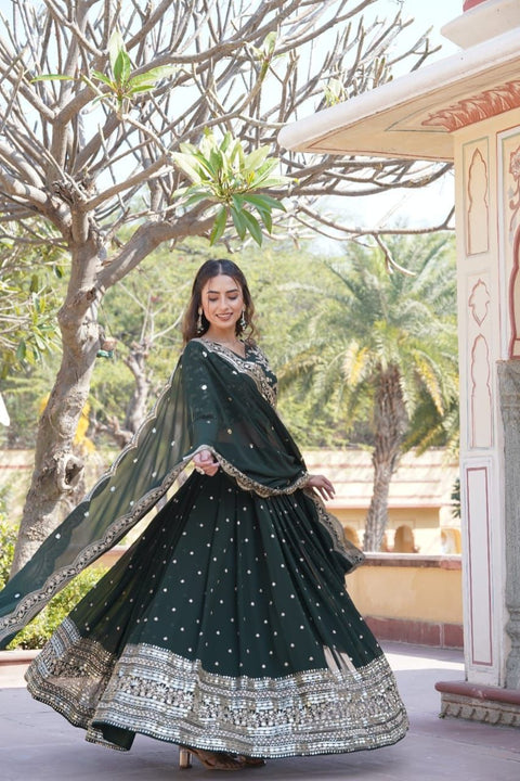 Dark Green Georgette  Lehenga Choli With Dupatta For Woman