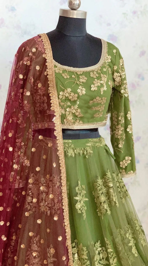 Green Heavy Embroidery Sequence Work Lehenga Choli With Dupatta For Women In USA