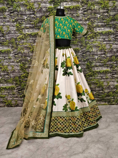 Stunning Rose Florals printed on lehengas with Heavily Embroidered Blouse For Wedding Wear