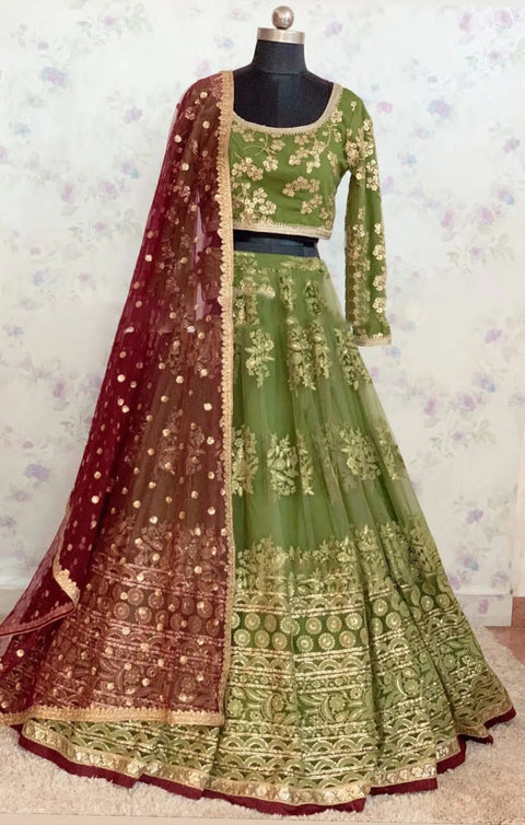 Green Heavy Embroidery Sequence Work Lehenga Choli With Dupatta For Women In USA