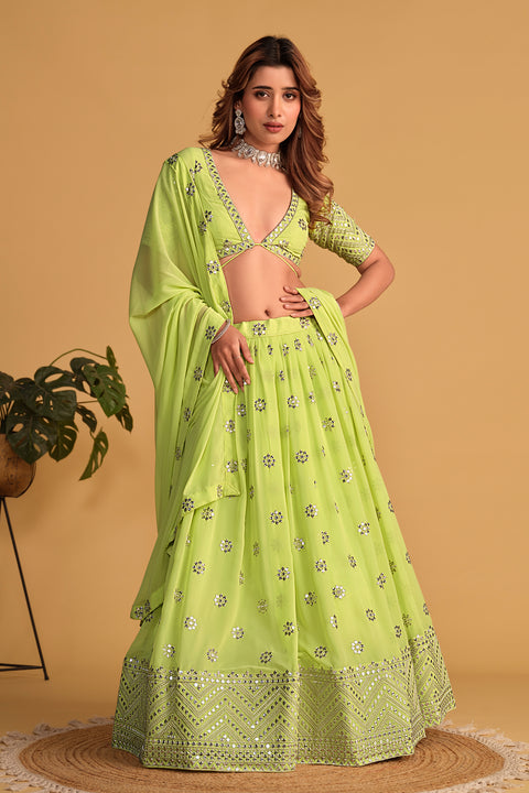 Pista Green Wedding wear Heavy Lehenga Choli for Women with Dupatta Sequence Lehenga Choli In USA