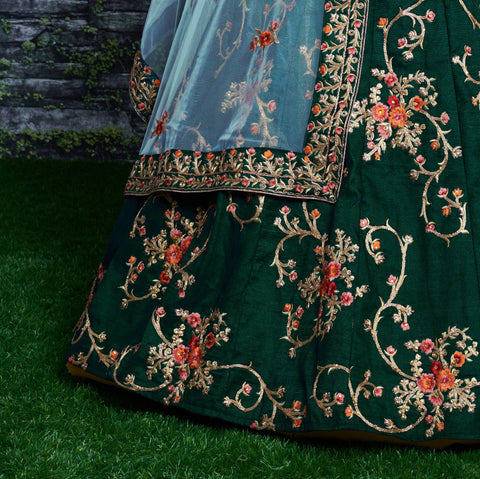 Adorn a simple yet elegant charm with this ensemble in an this dark green lehenga choli for women