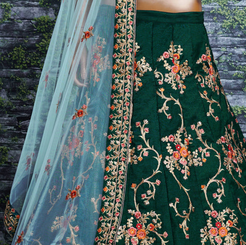 Adorn a simple yet elegant charm with this ensemble in an this dark green lehenga choli for women