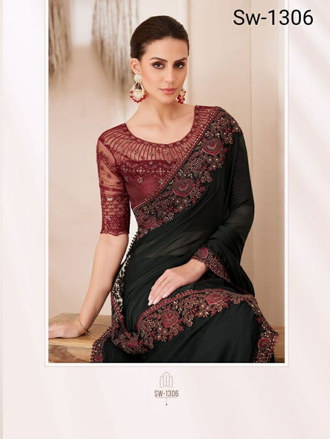 Black Indian Wedding Wear saree with blouse in USA, Perfect for Indian Party Wear sequins saree For Woman