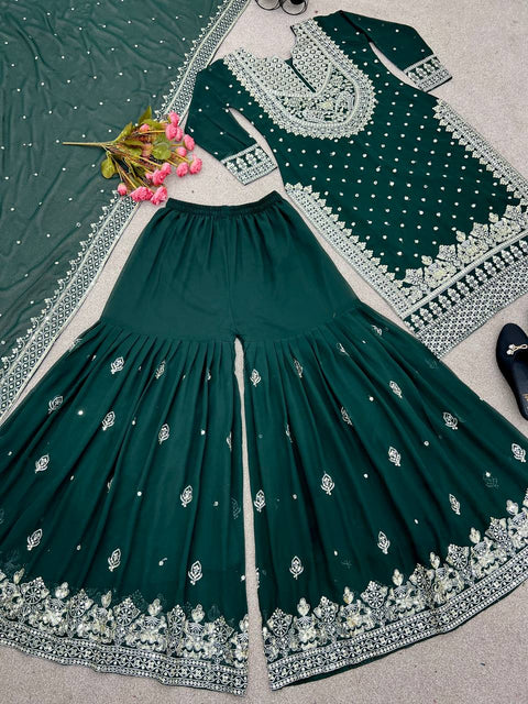 Green Heavy Embroidery Sequence Work Top-Gharara And Dupatta Set Fully Stitched For Women