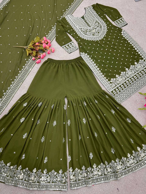 Green Heavy Embroidery Sequence Work Top-Gharara And Dupatta Set Fully Stitched For Women