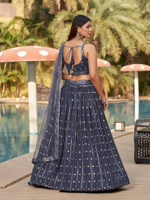 Grey Gorgeous Wedding wear Heavy Lehenga Choli for Women with Dupatta Sequence Lehenga Choli In USA