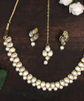 Kundan Necklace Set, Gold Plated Handcrafted Kundan And Pearl Beaded Studded Necklace with Earrings and Maangtikka - ReadyToWearshop