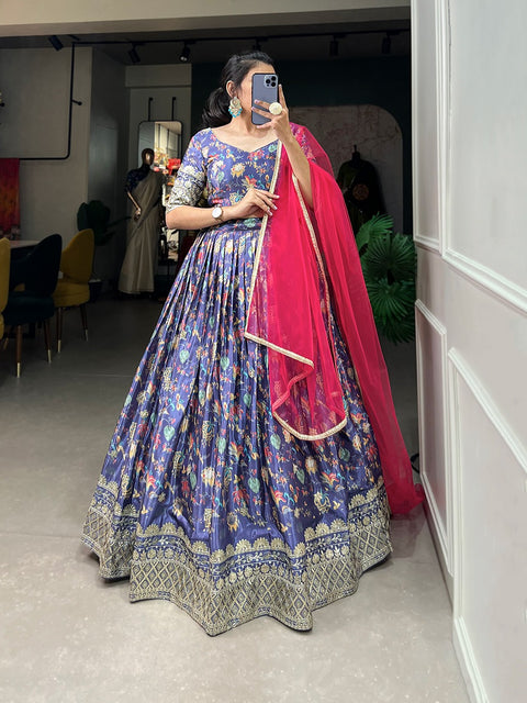 Amazing lavender floral printed embroidered lehenga choli with dupatta