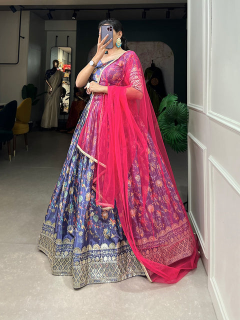 Amazing lavender floral printed embroidered lehenga choli with dupatta