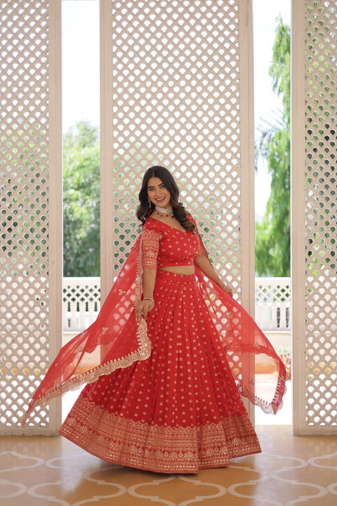 Red Enchanting and vibrant, our Dayble Viscose Jacquard lehenga set is perfect for Any Occasions