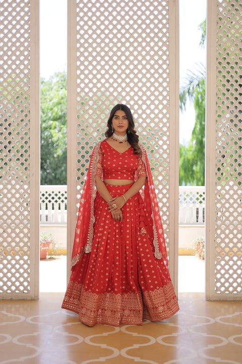 Red Enchanting and vibrant, our Dayble Viscose Jacquard lehenga set is perfect for Any Occasions