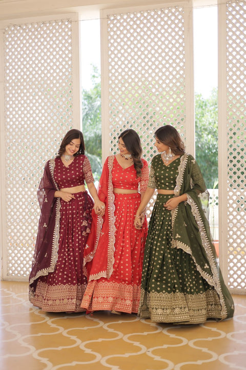 Wine Enchanting and vibrant, our Dayble Viscose Jacquard lehenga set is perfect for Any Occasions