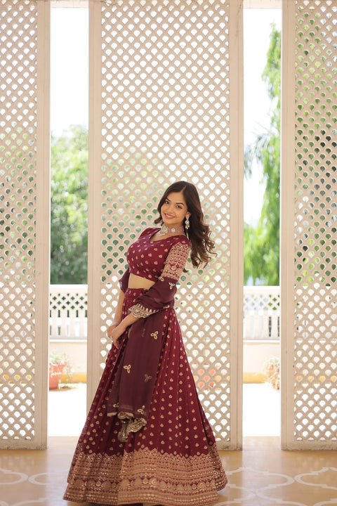 Wine Enchanting and vibrant, our Dayble Viscose Jacquard lehenga set is perfect for Any Occasions