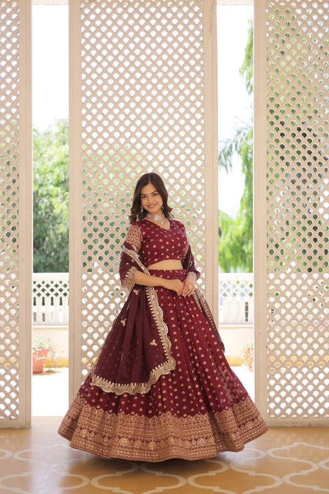 Wine Enchanting and vibrant, our Dayble Viscose Jacquard lehenga set is perfect for Any Occasions