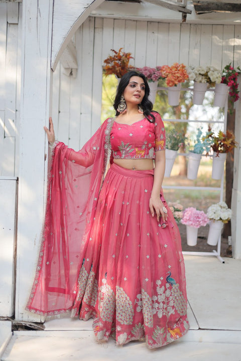 Pink traditional Embroidered work Lehenga Choli with Dupatta for women