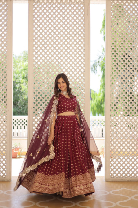 Wine Enchanting and vibrant, our Dayble Viscose Jacquard lehenga set is perfect for Any Occasions