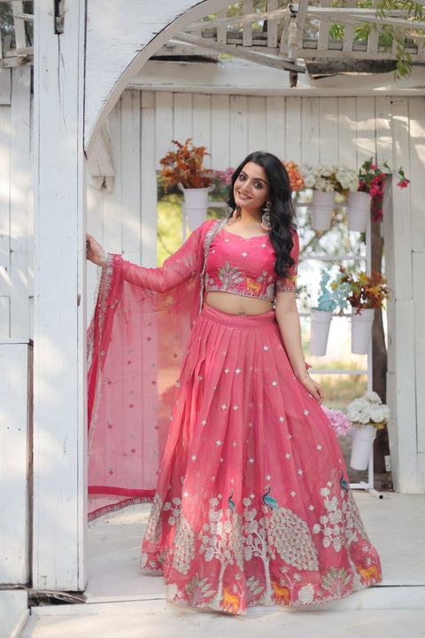 Pink traditional Embroidered work Lehenga Choli with Dupatta for women