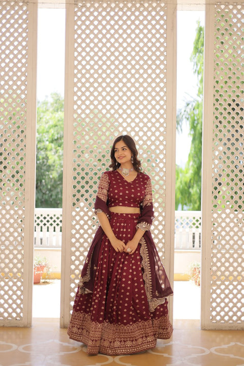 Wine Enchanting and vibrant, our Dayble Viscose Jacquard lehenga set is perfect for Any Occasions