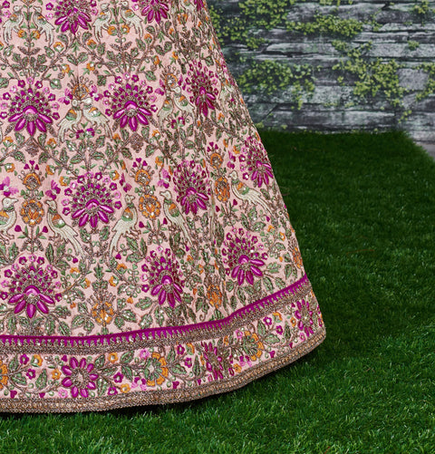 Pink Make you're ethnic look more stylish & classic with this gleaming peach-colored taffeta silk lehenga choli