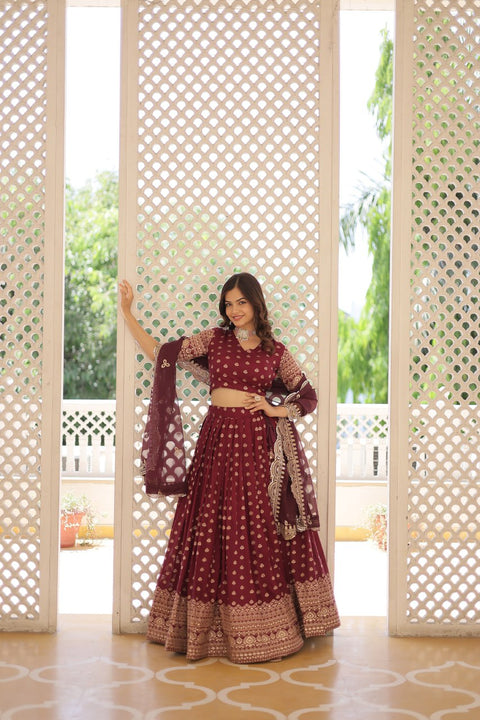 Wine Enchanting and vibrant, our Dayble Viscose Jacquard lehenga set is perfect for Any Occasions