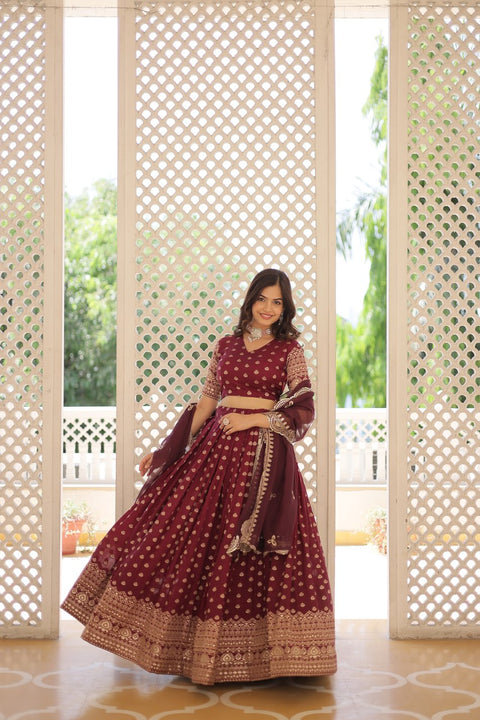 Wine Enchanting and vibrant, our Dayble Viscose Jacquard lehenga set is perfect for Any Occasions