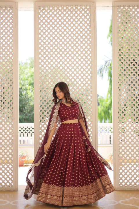 Wine Enchanting and vibrant, our Dayble Viscose Jacquard lehenga set is perfect for Any Occasions