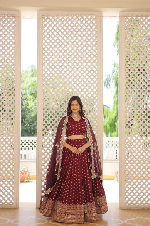 Wine Enchanting and vibrant, our Dayble Viscose Jacquard lehenga set is perfect for Any Occasions