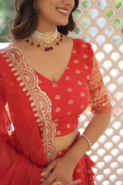 Red Enchanting and vibrant, our Dayble Viscose Jacquard lehenga set is perfect for Any Occasions