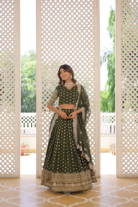 Green Enchanting and vibrant, our Dayble Viscose Jacquard lehenga set is perfect for Any Occasions