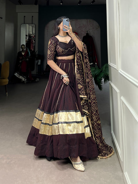 Traditional Bandhej Print And Embossed Design Lace With Paper Mirror Lace And Gota Patti Lehenga Choli For Women