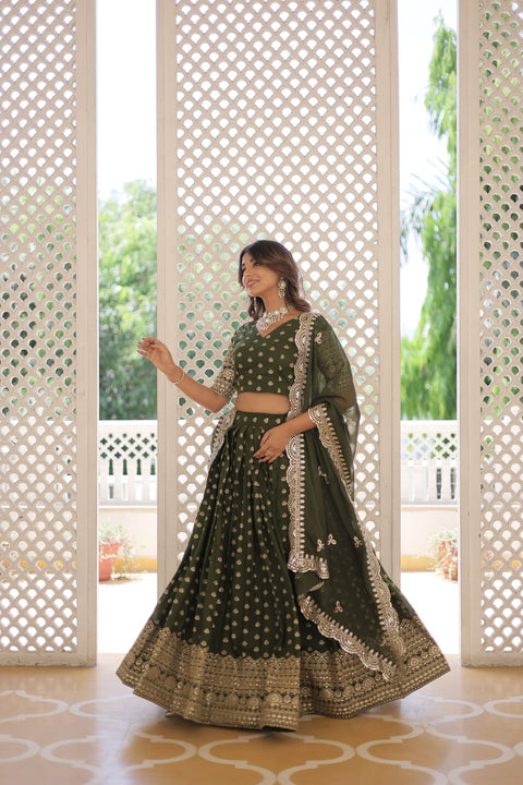 Green Enchanting and vibrant, our Dayble Viscose Jacquard lehenga set is perfect for Any Occasions