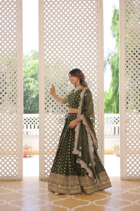 Green Enchanting and vibrant, our Dayble Viscose Jacquard lehenga set is perfect for Any Occasions