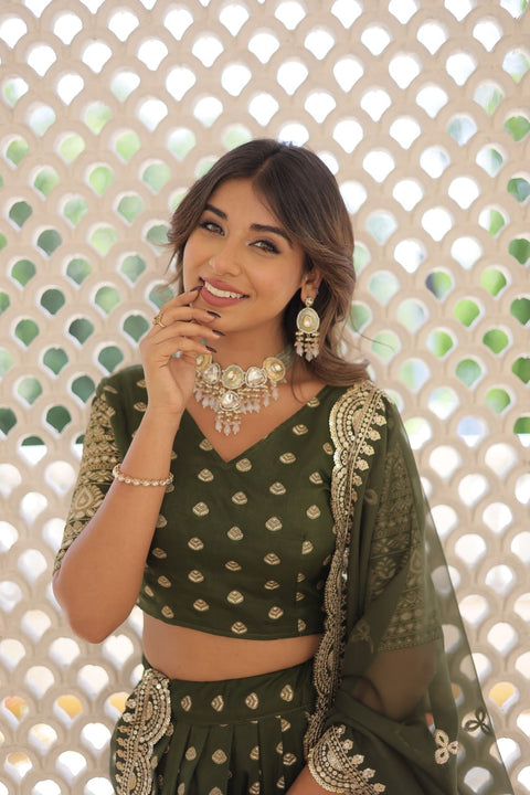 Green Enchanting and vibrant, our Dayble Viscose Jacquard lehenga set is perfect for Any Occasions