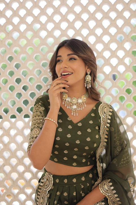 Green Enchanting and vibrant, our Dayble Viscose Jacquard lehenga set is perfect for Any Occasions