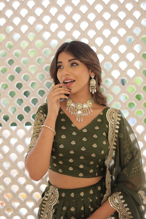 Green Enchanting and vibrant, our Dayble Viscose Jacquard lehenga set is perfect for Any Occasions