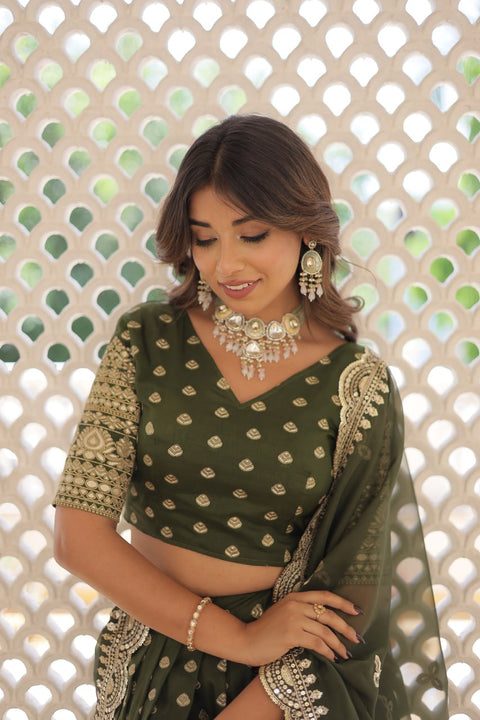 Green Enchanting and vibrant, our Dayble Viscose Jacquard lehenga set is perfect for Any Occasions