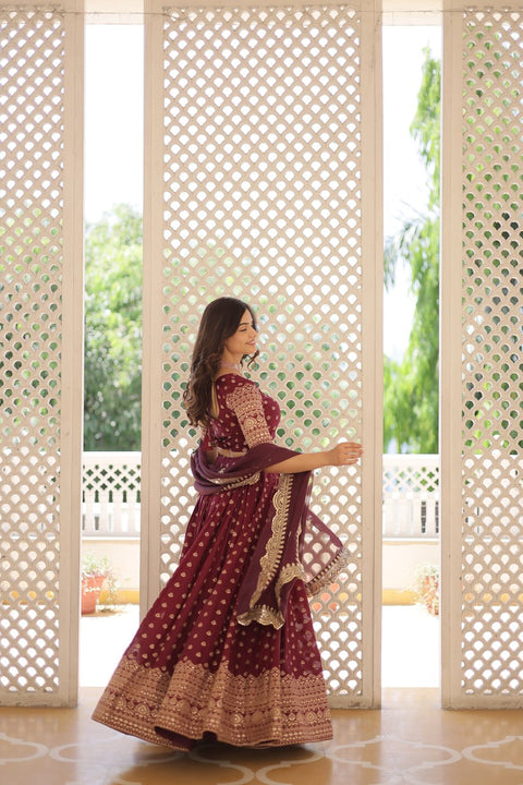 Wine Enchanting and vibrant, our Dayble Viscose Jacquard lehenga set is perfect for Any Occasions