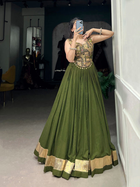 Green Graceful Navratri Vibes in Rayon & Silk Fusion Lehenga Choli For Women