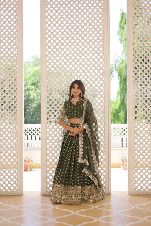 Green Enchanting and vibrant, our Dayble Viscose Jacquard lehenga set is perfect for Any Occasions