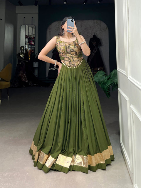 Green Graceful Navratri Vibes in Rayon & Silk Fusion Lehenga Choli For Women