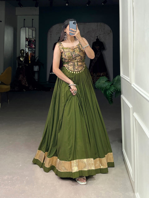 Green Graceful Navratri Vibes in Rayon & Silk Fusion Lehenga Choli For Women