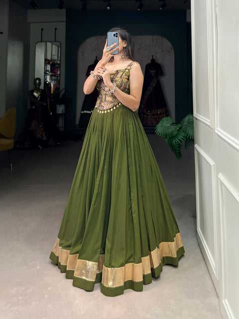 Green Graceful Navratri Vibes in Rayon & Silk Fusion Lehenga Choli For Women