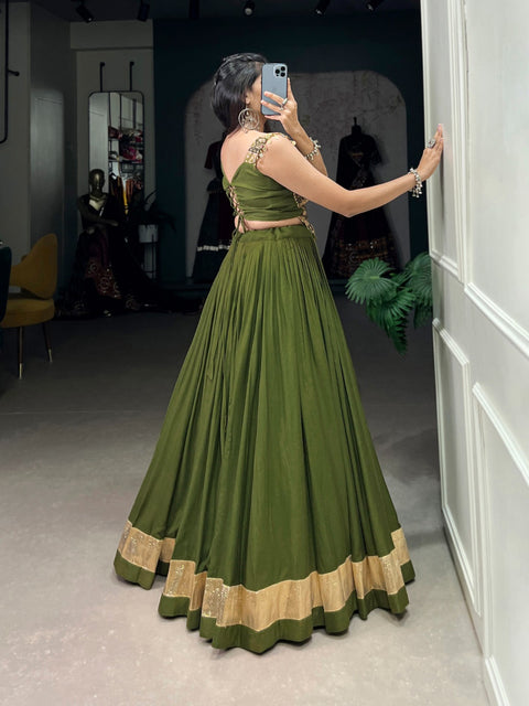 Green Graceful Navratri Vibes in Rayon & Silk Fusion Lehenga Choli For Women