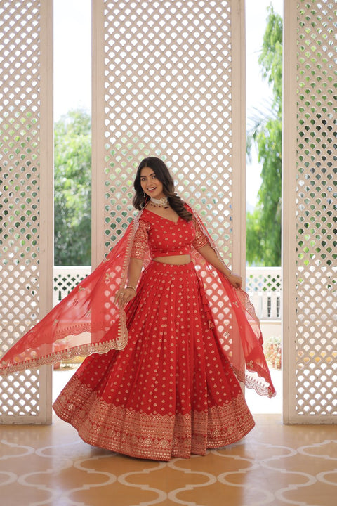 Red Enchanting and vibrant, our Dayble Viscose Jacquard lehenga set is perfect for Any Occasions