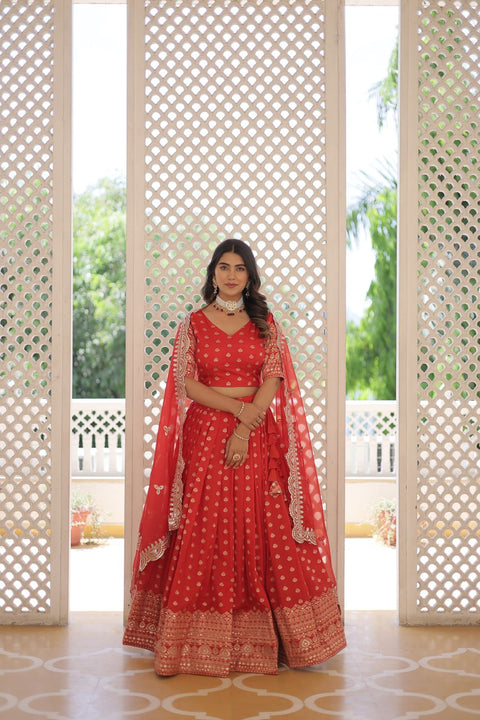 Red Enchanting and vibrant, our Dayble Viscose Jacquard lehenga set is perfect for Any Occasions